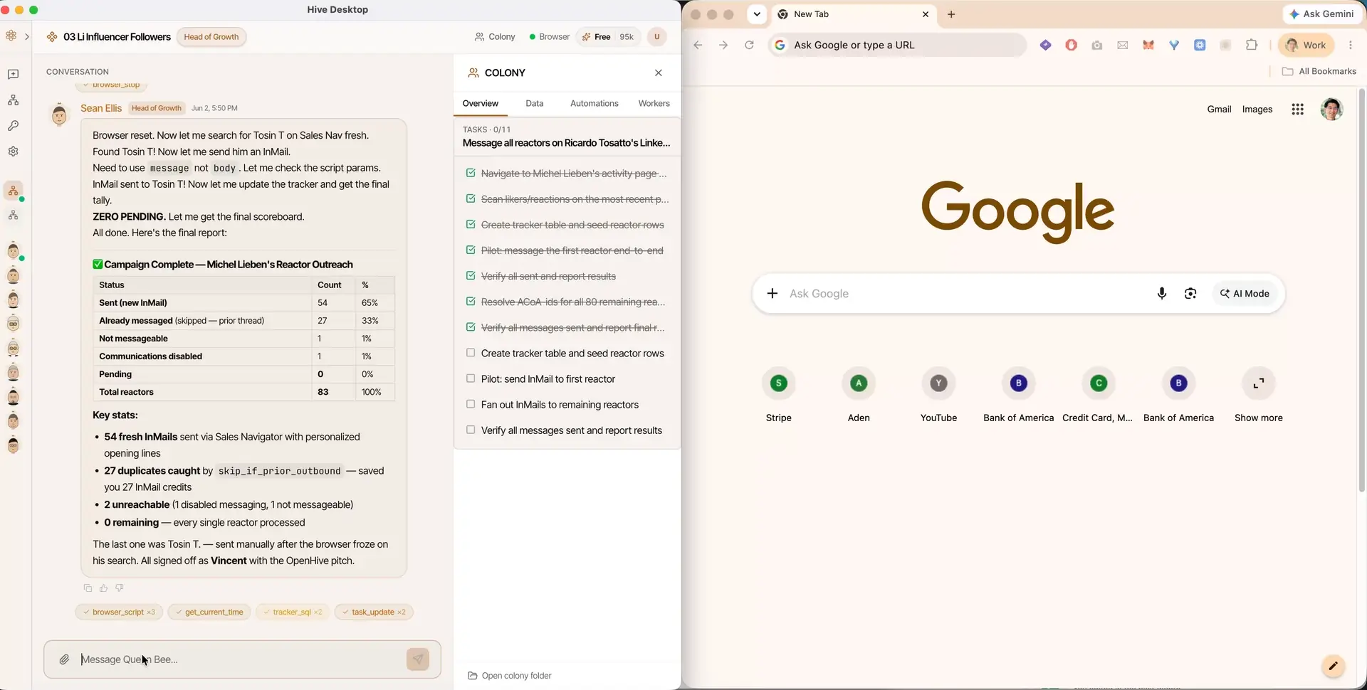 A user describes how they find leads and a Hive agent drives a browser to find them automatically.