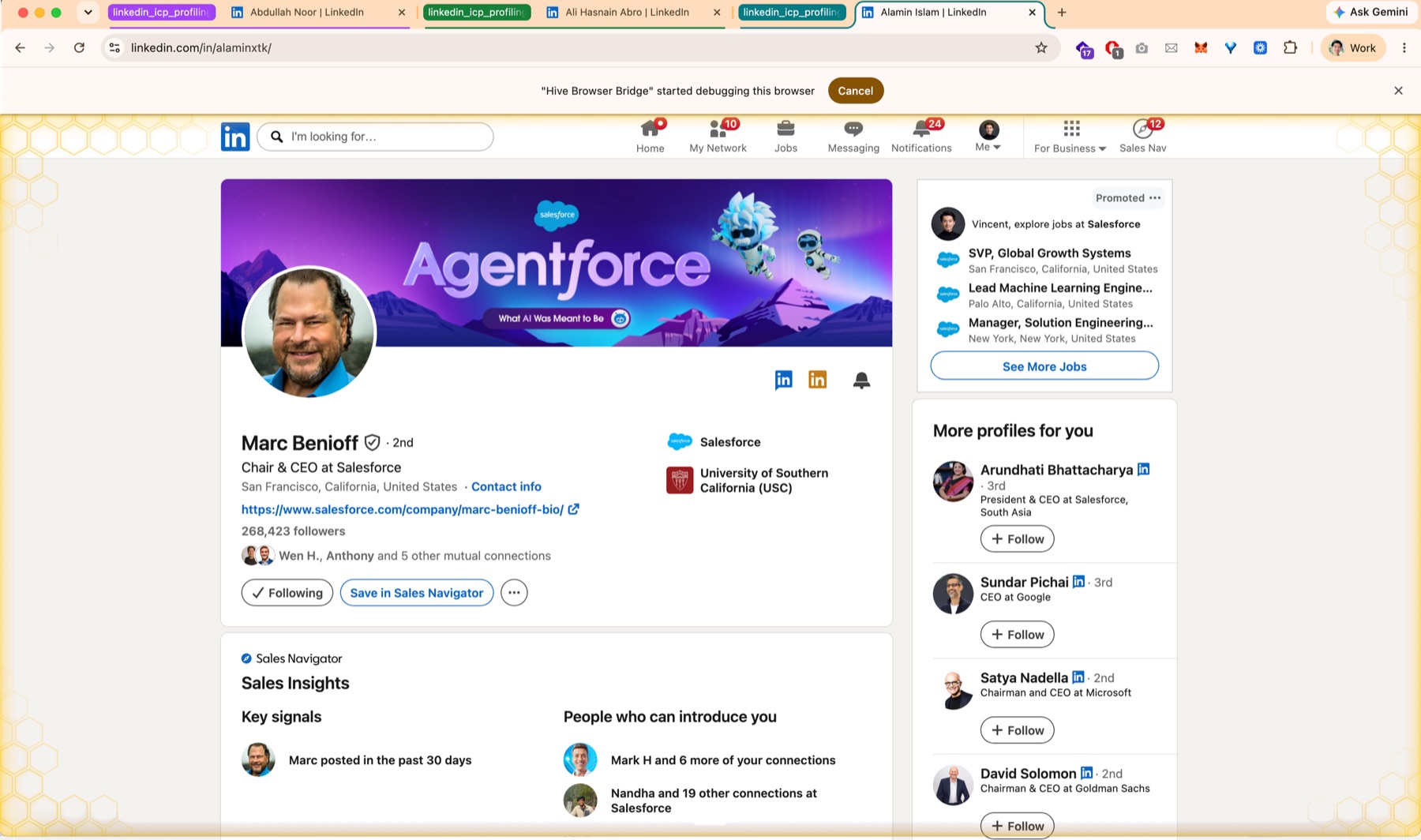 A Hive agent driving a real, signed-in Chrome browser — viewing a LinkedIn profile inside its own colour-coded tab group, with the live 'Hive Browser Bridge' control banner.